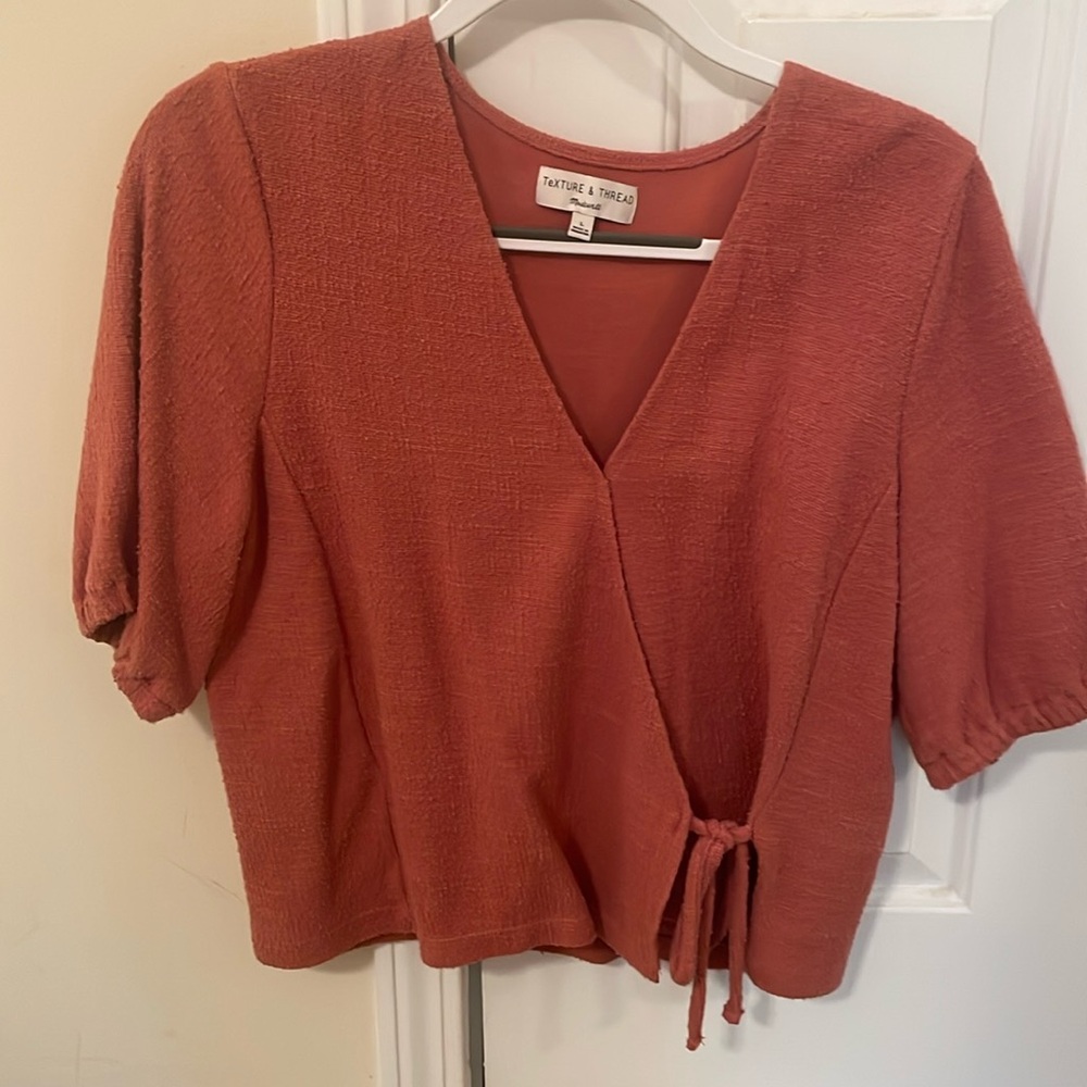 Madewell cropped, crossover shirt